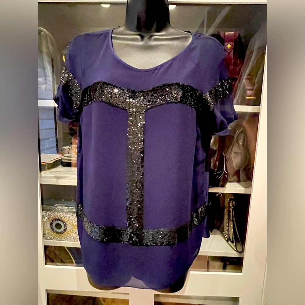 Renzo and Kai shirt.  Blue with black sequins. Short sleeves.  Size medium